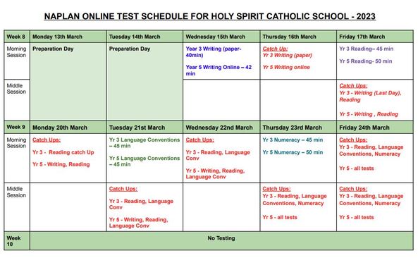 NAPLAN ONLINE TEST SCHEDULE FOR HOLY SPIRIT CATHOLIC SCHOOL