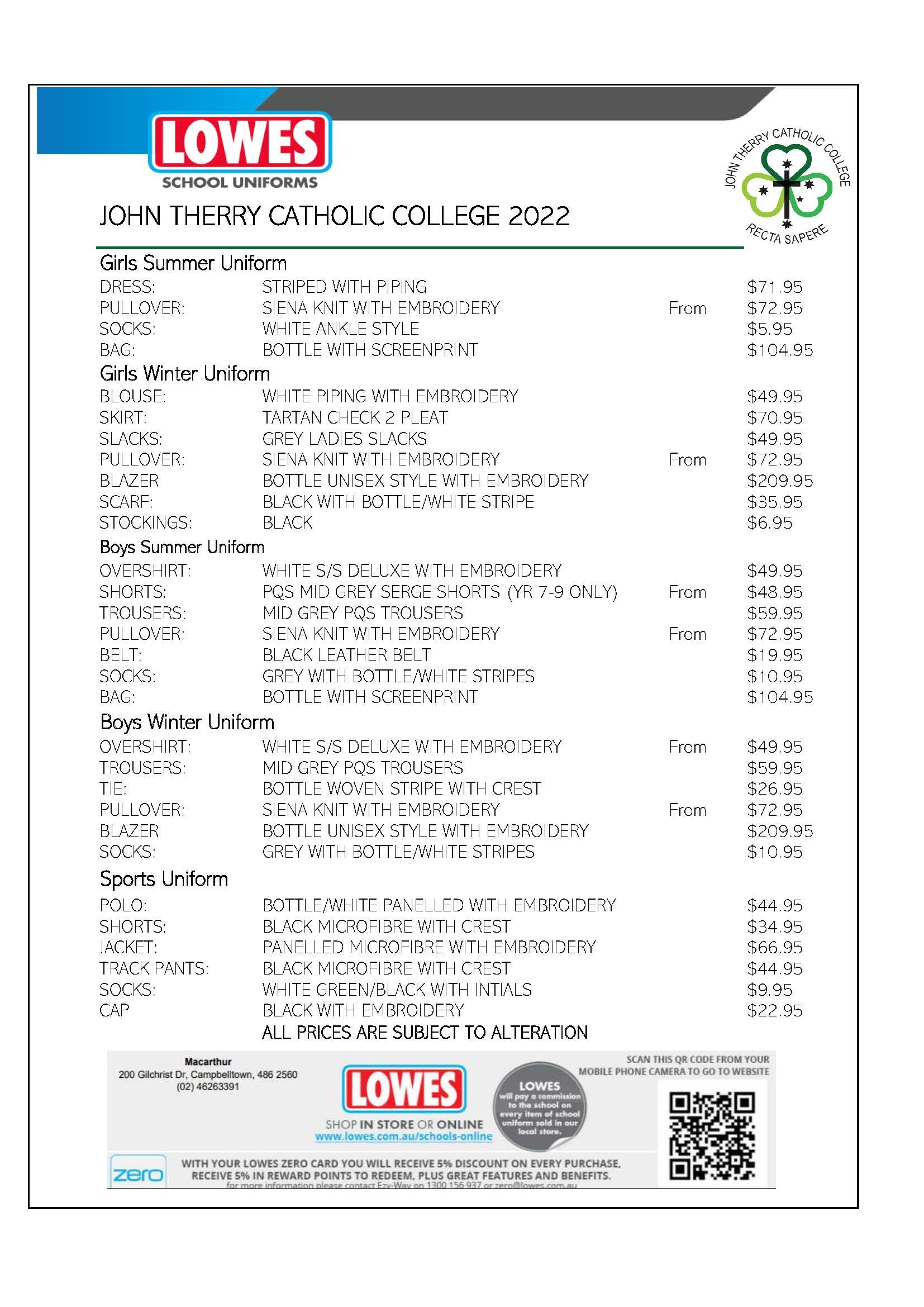 2022 PRICE LIST - John Therry catholic_Page_1