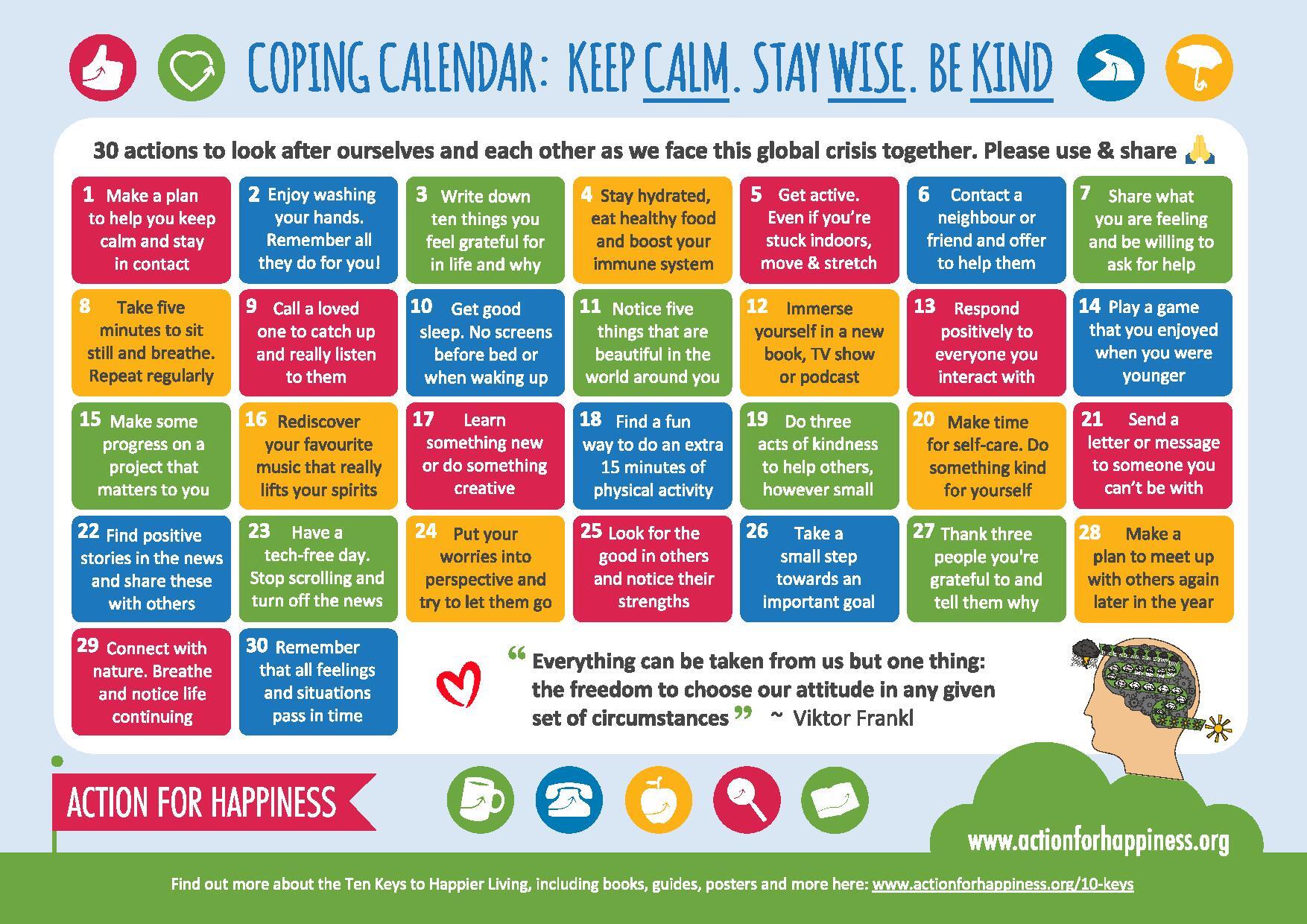 Coping calendar Keep calm Stay wise Be kind from Action for Happiness