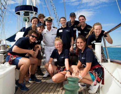 Lieutenant Commander Gavin Dawe, OAM, RAN, with youth crew aboard Young Endeavour