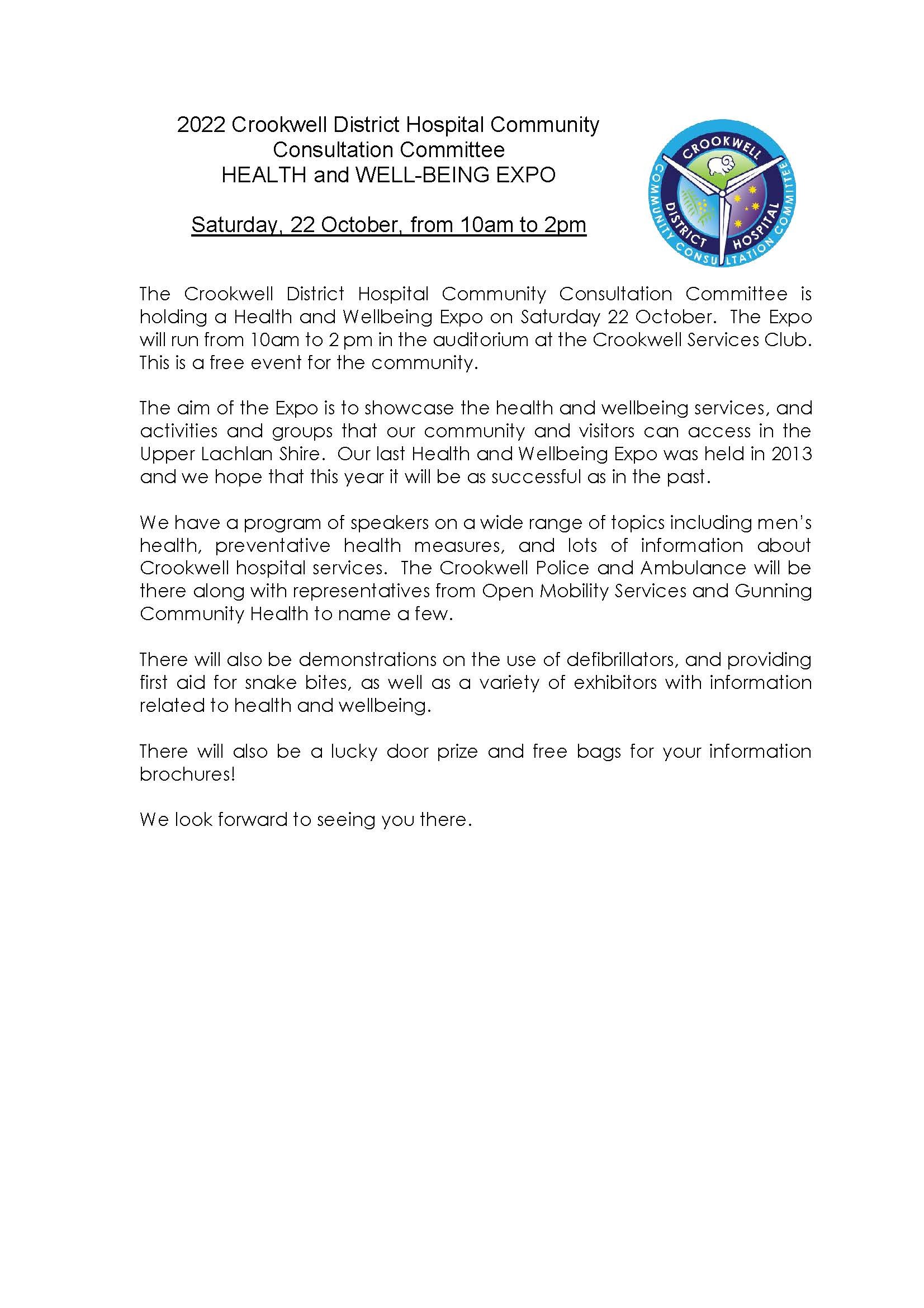 CCC General letter for Health and Wellbeing Expo 22 October 2022