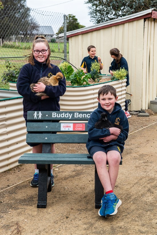 Swansea PS students Chloe and Xavier on their Buddy Bench (portrait)