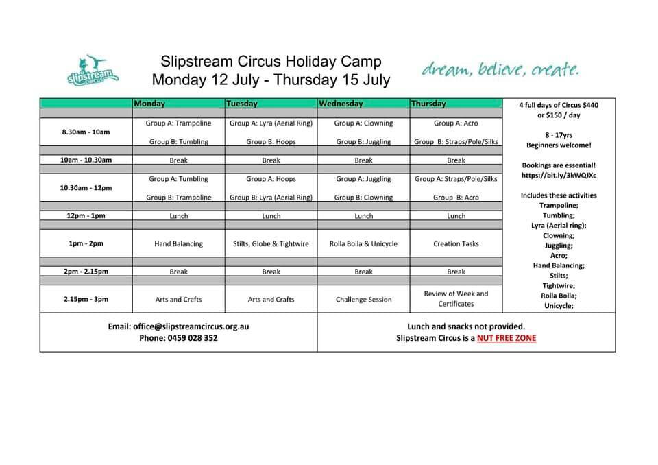 july workshops timetable